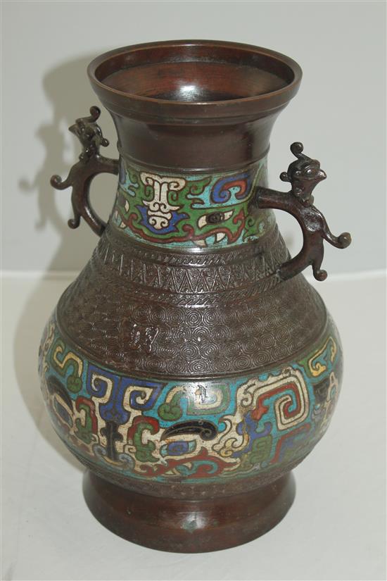 A Japanese bronze and champleve enamel baluster vase, late 19th century, 29.5cm